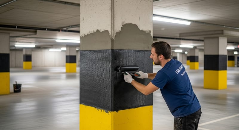 Pilar de hormigón confinado mediante encamisado con tejido de fibra de carbono