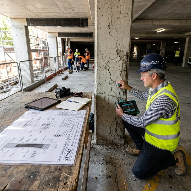 Ingeniero estructural realizando diagnóstico de patología en obra