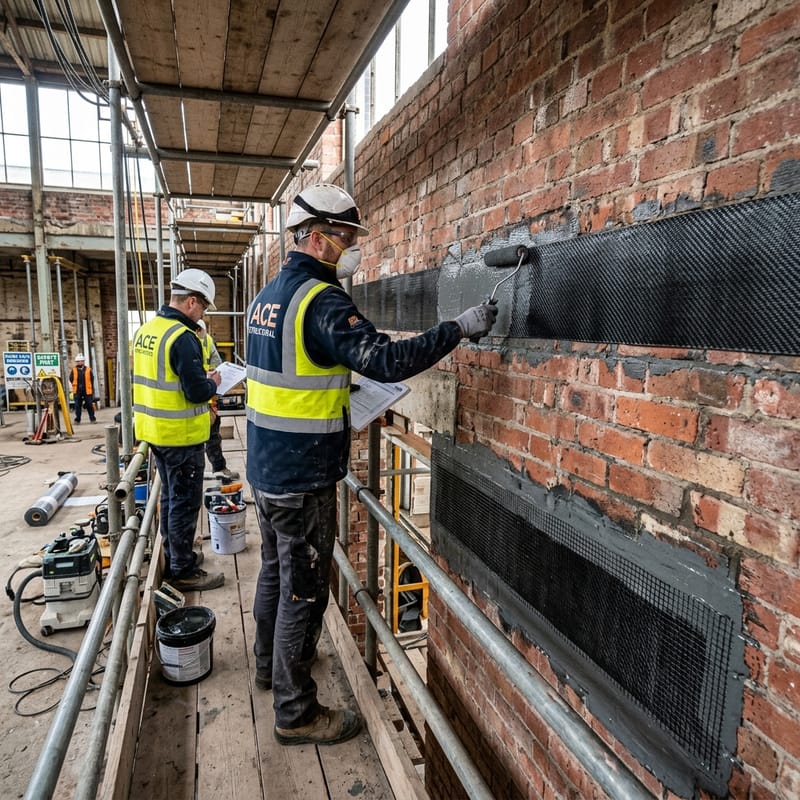 Refuerzo estructural de muro de carga con malla de fibra de carbono (FRP)