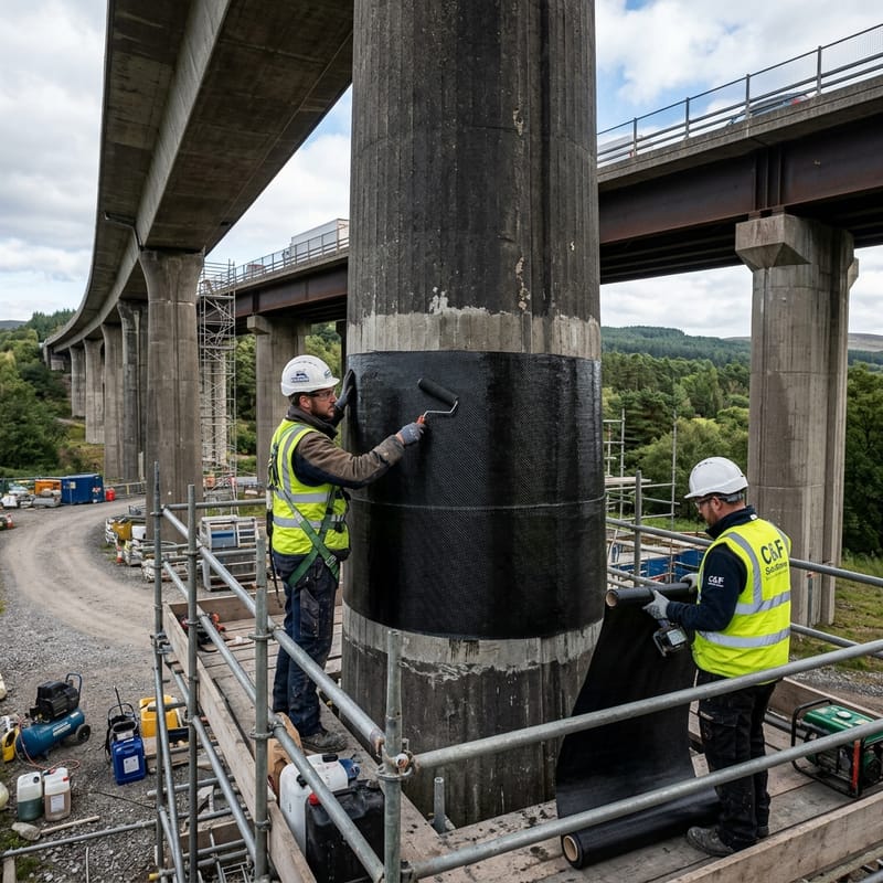 Refuerzo estructural de pilar de viaducto con tejido de fibra de carbono
